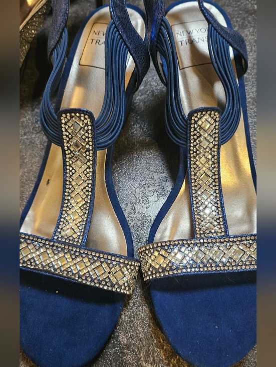 New York Transit Shoes - New Women's Navy Blue Embellished T-Strap Dress Sandals